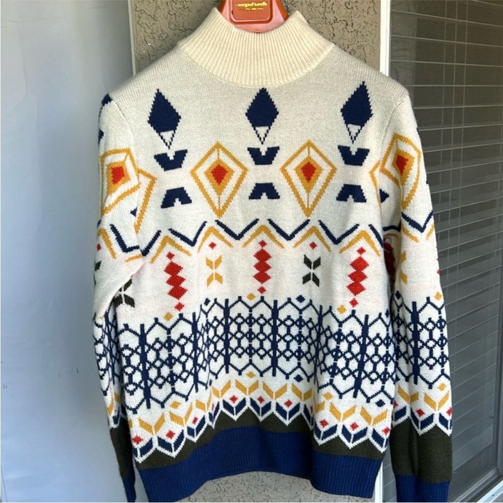 Paisley & gray geometric Sweater White Navy Yellow large men’s mock neck